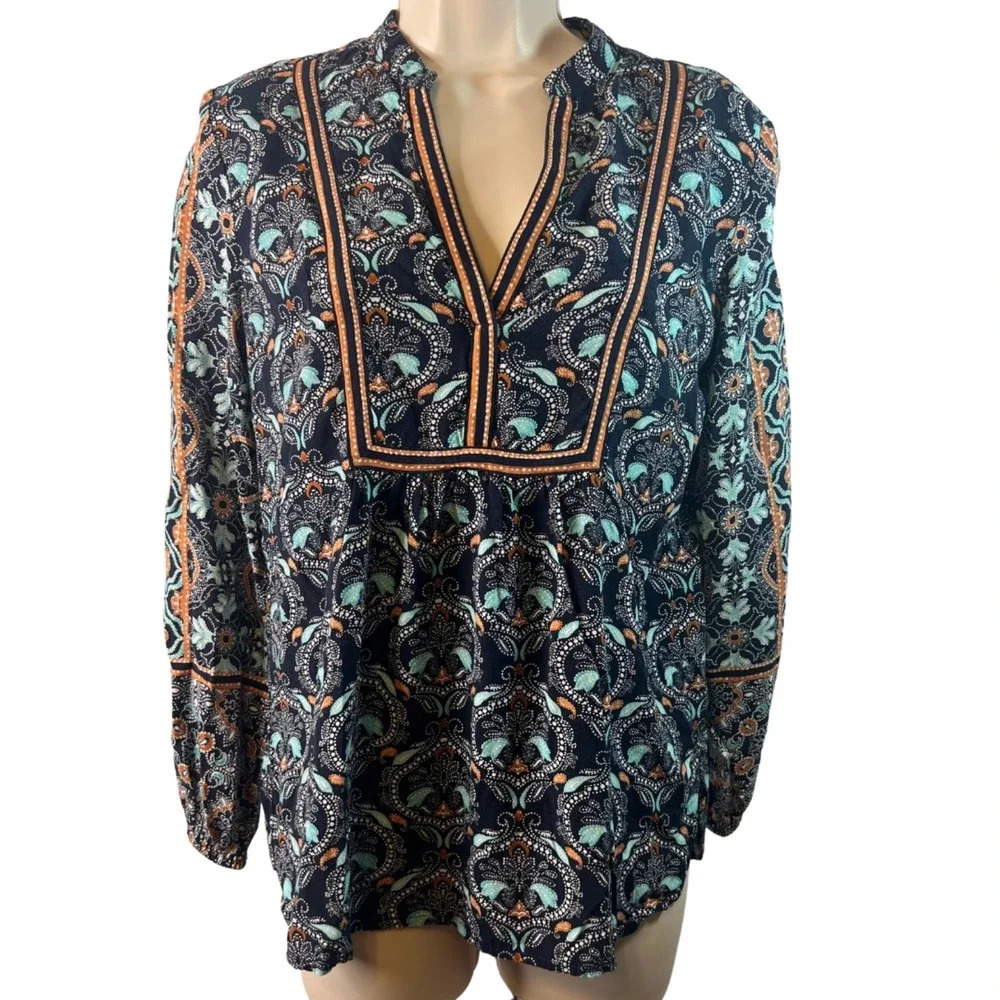 Loft Vneck Long Sleeve Paisley Peasant Blouse Size XS